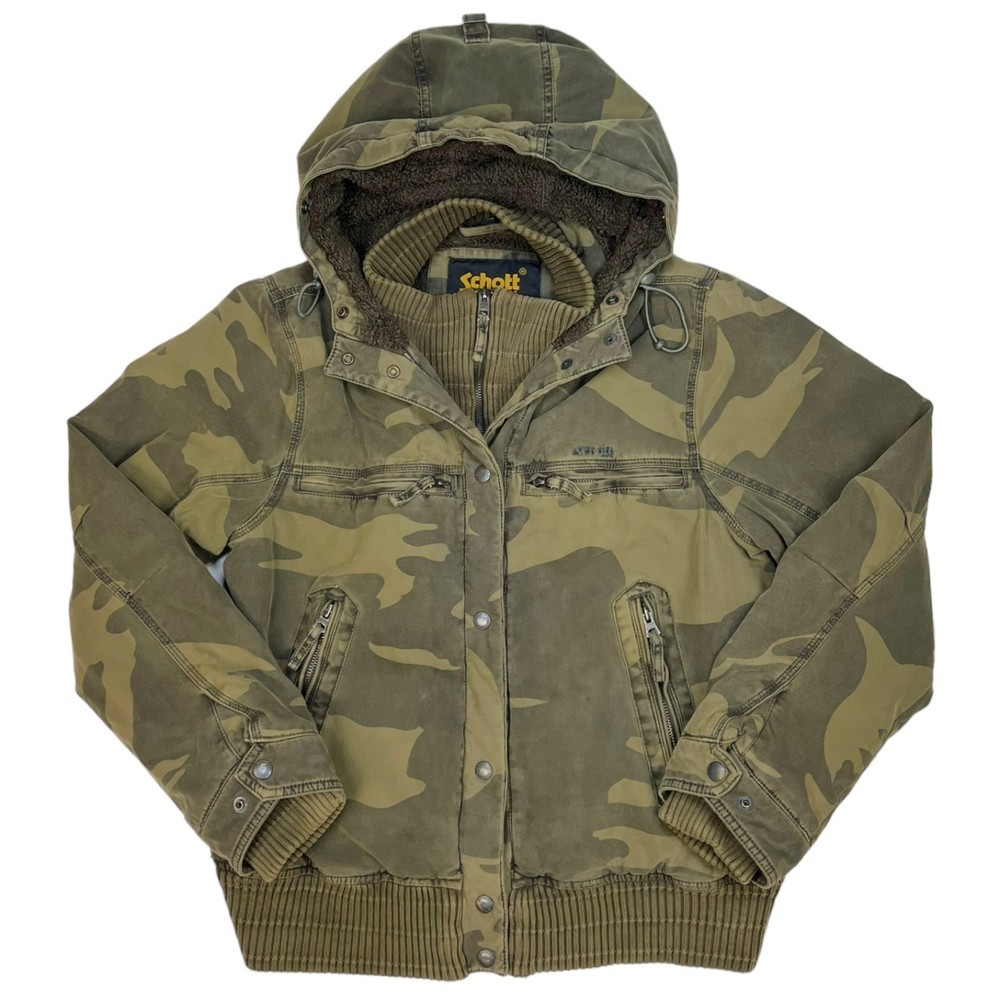 Schott NYC Men's Hooded Camo Jacket Sherpa Lined Green Large